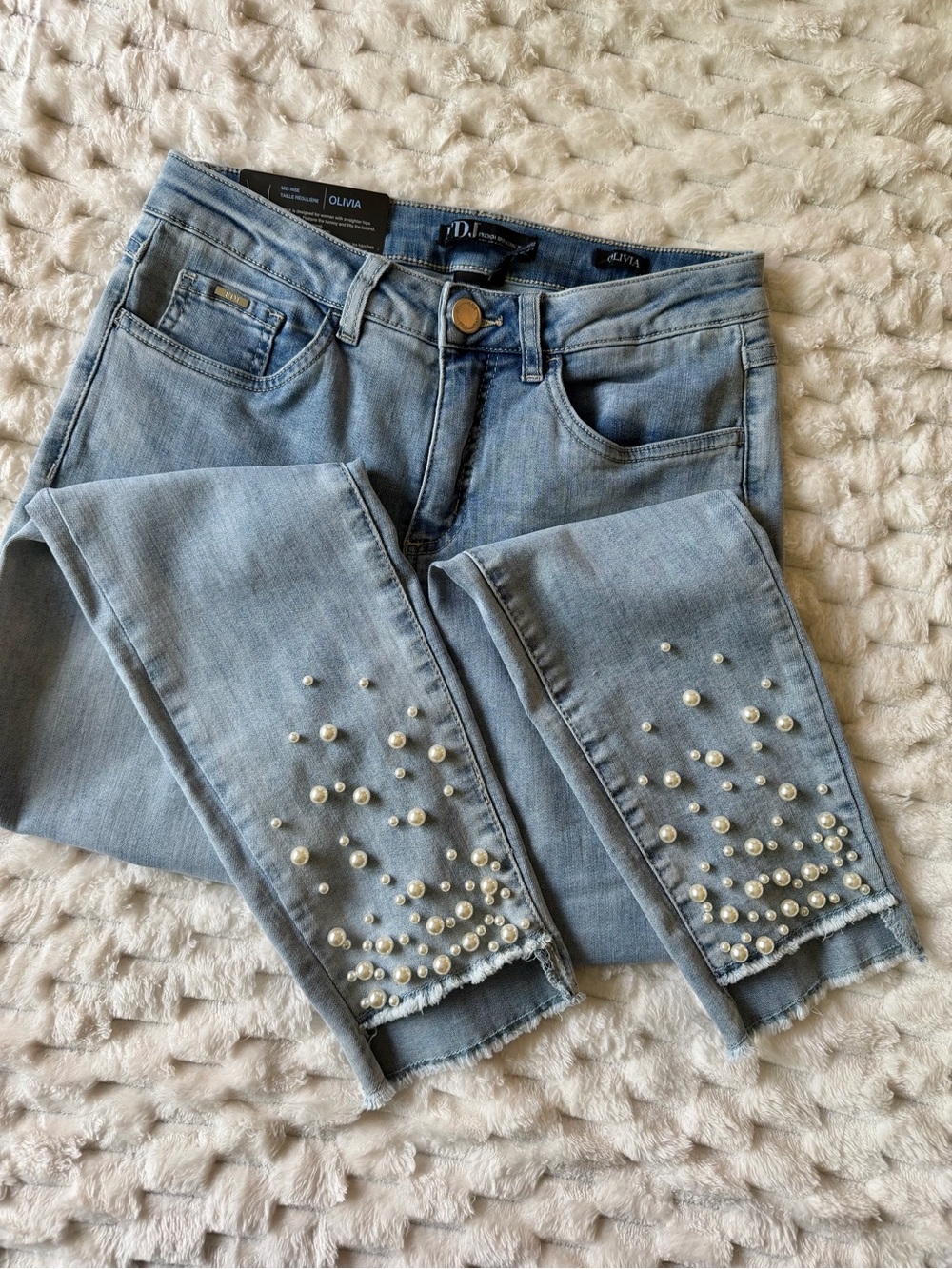 FDJ Olivia Mid Rise Pearl Embellished Cropped Jeans Light Wash Stretch NWT size8